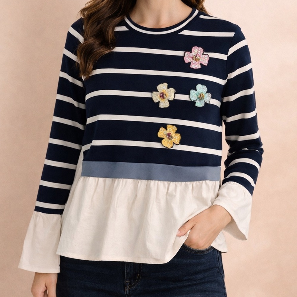 Navy Striped Blouse with Floral Accents